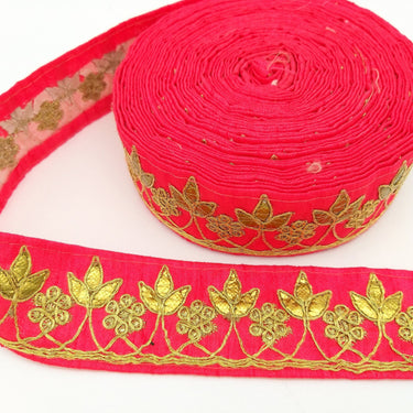 Radical Red Art Silk Fabric Trim, Gold Floral Embroidery Gota Patti Indian Sari Border Trim By Yard Decorative Trim Craft Lace